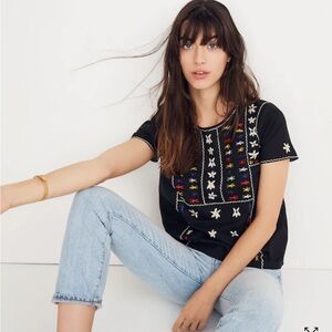 Madewell Floral Embroidered Boho Top Keyhole Tie Back EUC Size Small TTS